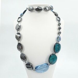 Chicos Long Station Necklace Gunmetal‎ Blue Tone Glass Resin Bead Artsy 40"